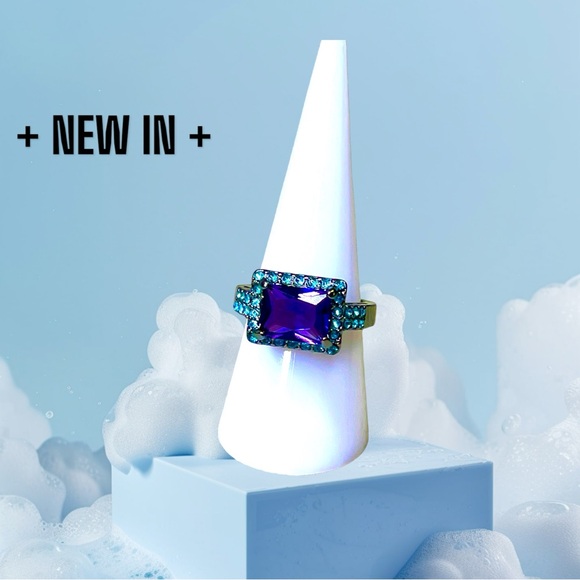 New Black Gold Plated Sterling Silver Square-Cut Lab-created amethysts Ring - Picture 3 of 8